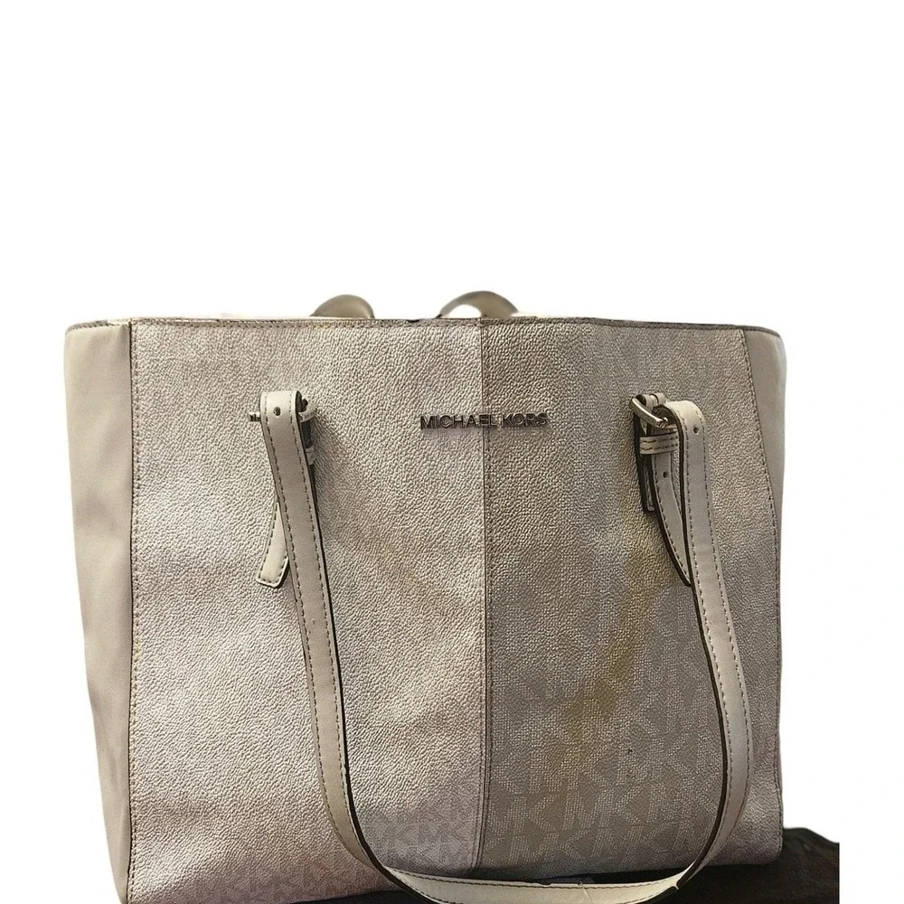 Michael Kors Women Cream Beige‎ Monogram MK Logo Tote Bag Shoulder Bag
